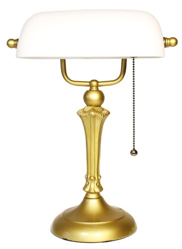 82902-White Blown Glass Banker Lamp with Bright Gold Finish Base