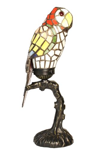 83189-Red Parrot Stained Glass Lamp with Satin Bronze Finish Base